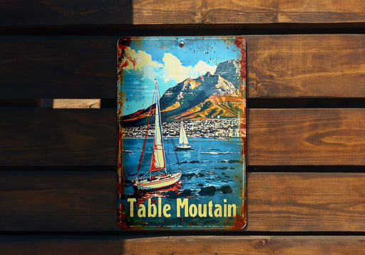 a table mountain sign hanging on a wooden wall