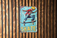 a skateboarder on a skateboard on a wooden wall