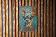 a painting of a dog on a wooden wall