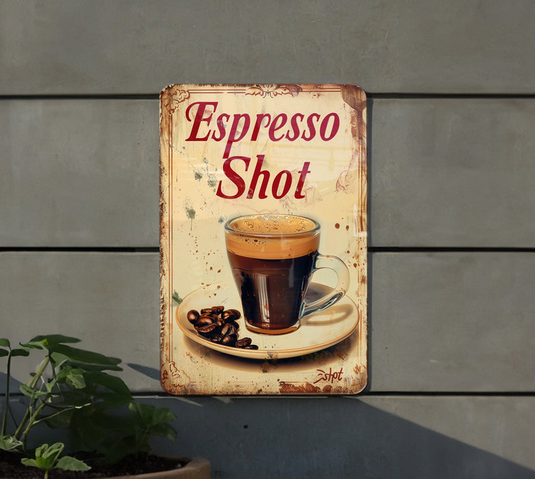 a sign that says espresso shot with a cup of coffee