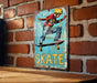 a skateboarder riding a skateboard on a blue sign