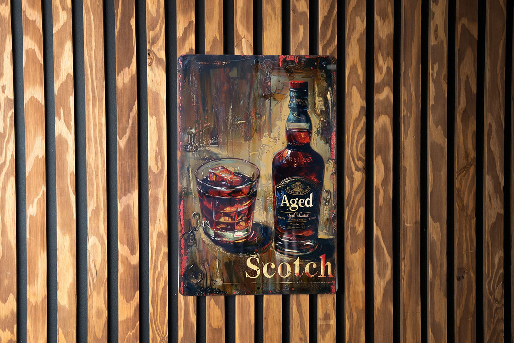 a painting of a bottle of scotch on a wooden wall