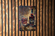 a painting of a bottle of scotch on a wooden wall