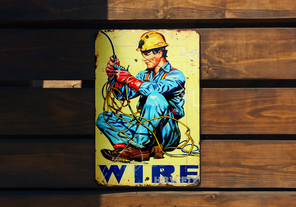 a sign on a wooden wall that says wire