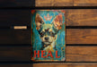 a picture of a dog on a wooden wall