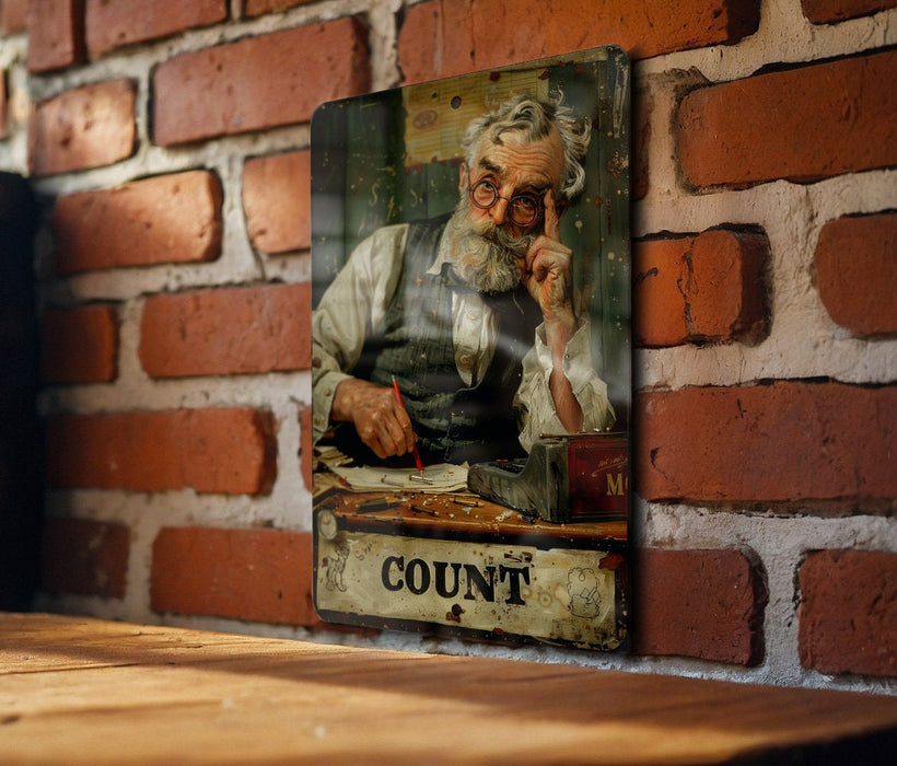 a picture of an old man is hanging on a brick wall