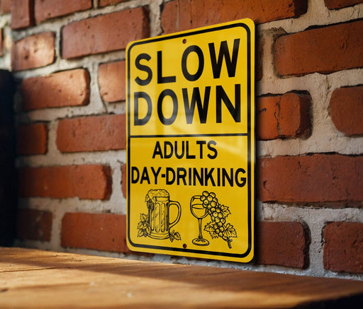 a yellow slow down sign on a brick wall