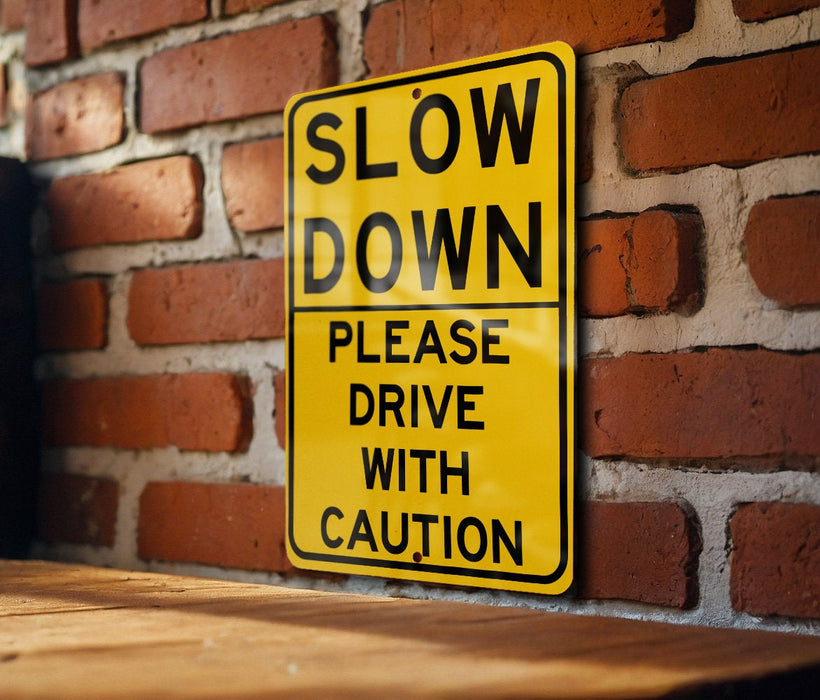 a yellow slow down sign on a brick wall
