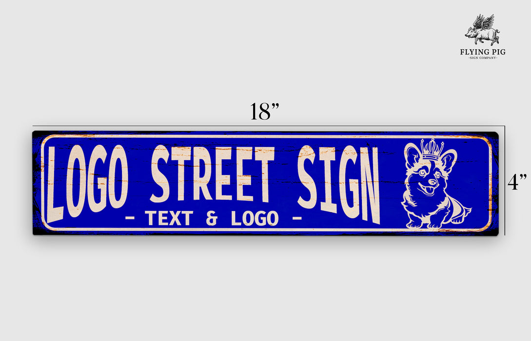 a blue street sign with a dog on it