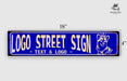 a blue street sign with a dog on it