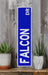 a blue sign sitting on top of a wooden shelf