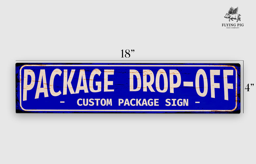 a blue package drop - off sign on a white background