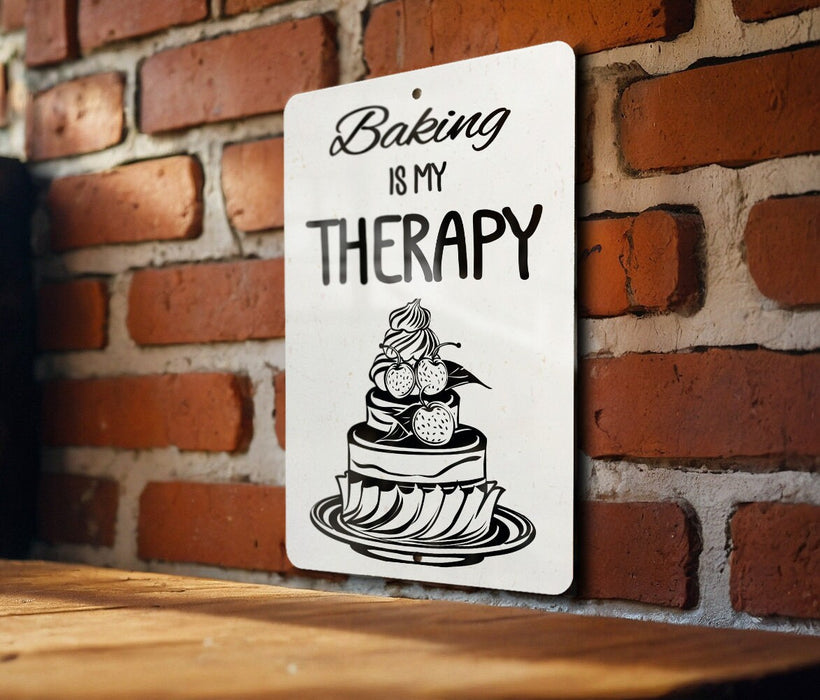 a sign on a brick wall that says baking is my therapy