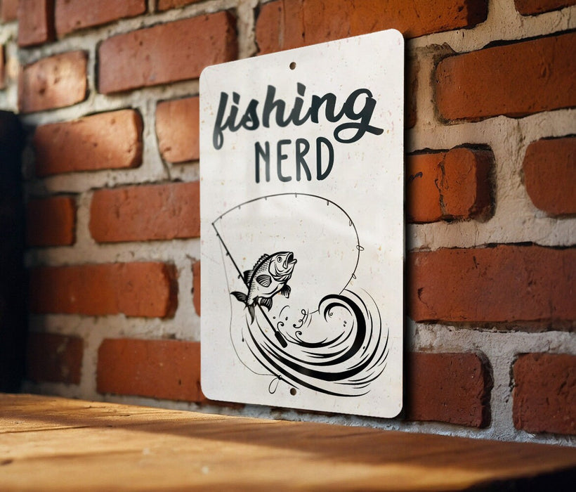 a sign on a brick wall that says fishing nerd