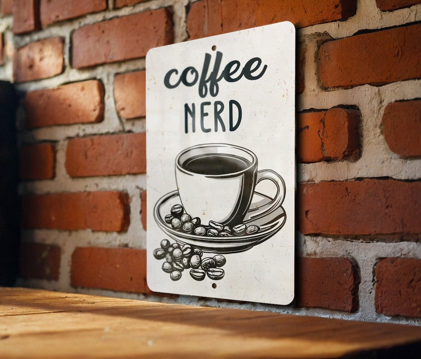a sign on a brick wall that says coffee nerd