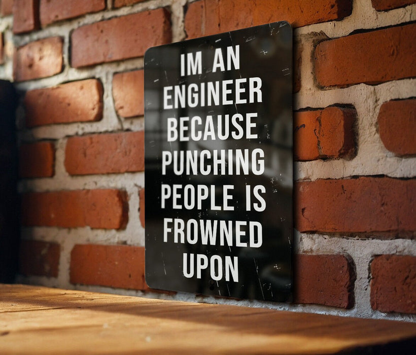 a sign on a brick wall that says i'm an engineer because punching people