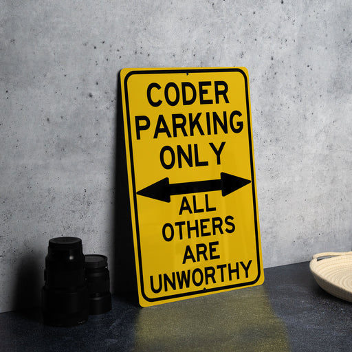 a yellow parking only sign sitting on top of a table