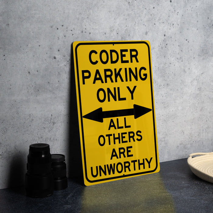 a yellow parking only sign sitting on top of a table