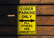 a yellow parking only sign hanging on a wooden wall