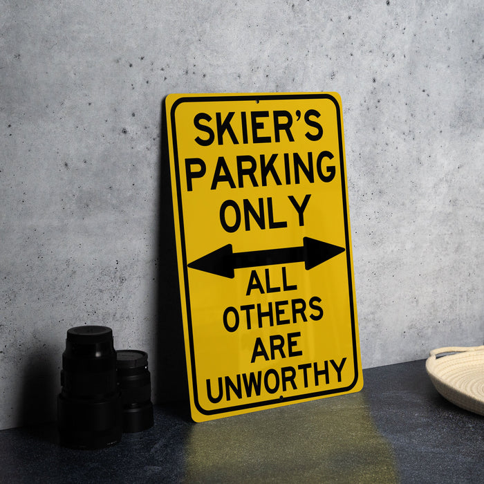 a yellow parking sign sitting on top of a table