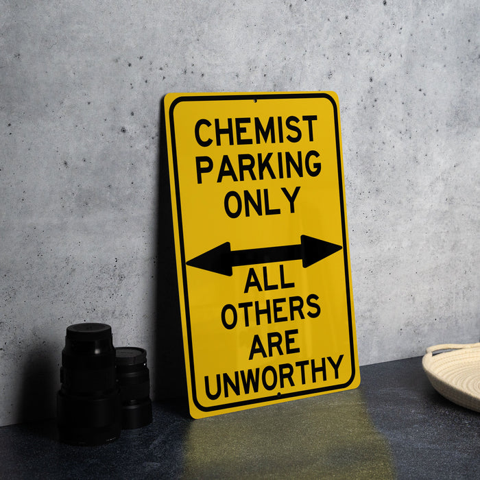 a yellow sign sitting on top of a table