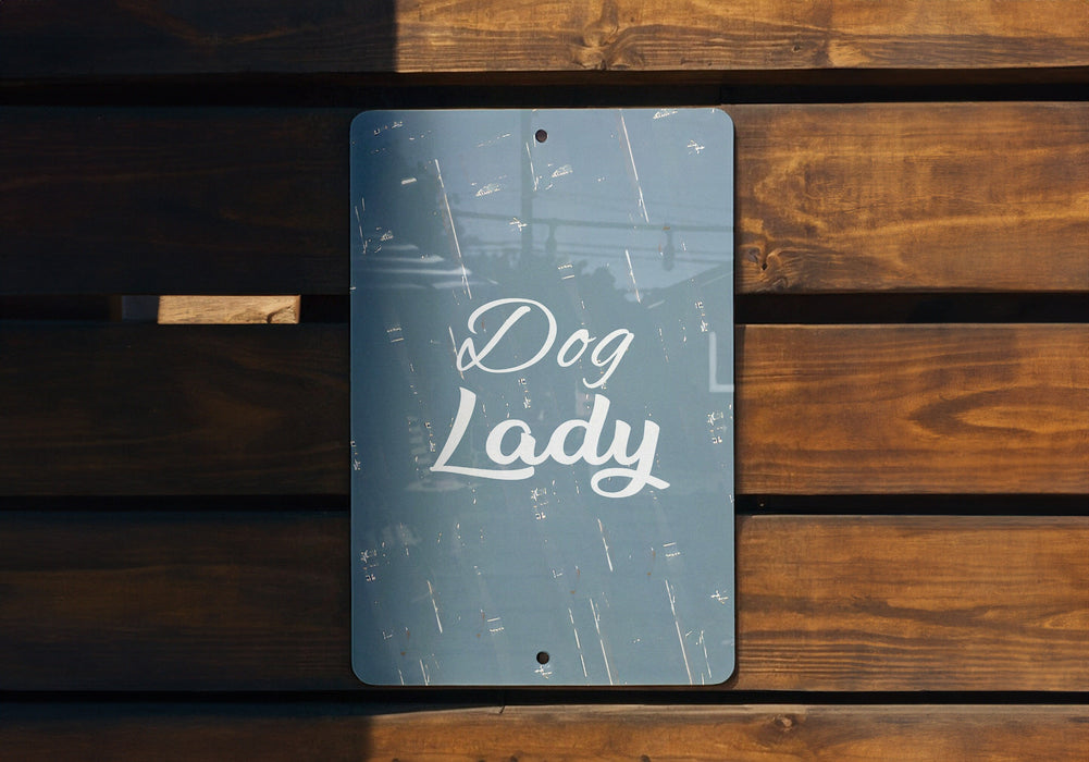 a sign that reads dog lady on a wooden bench