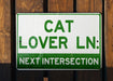 a green and white sign that says cat lover ln next intersection