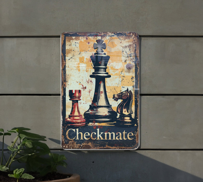 a metal sign with a picture of a chess game on it