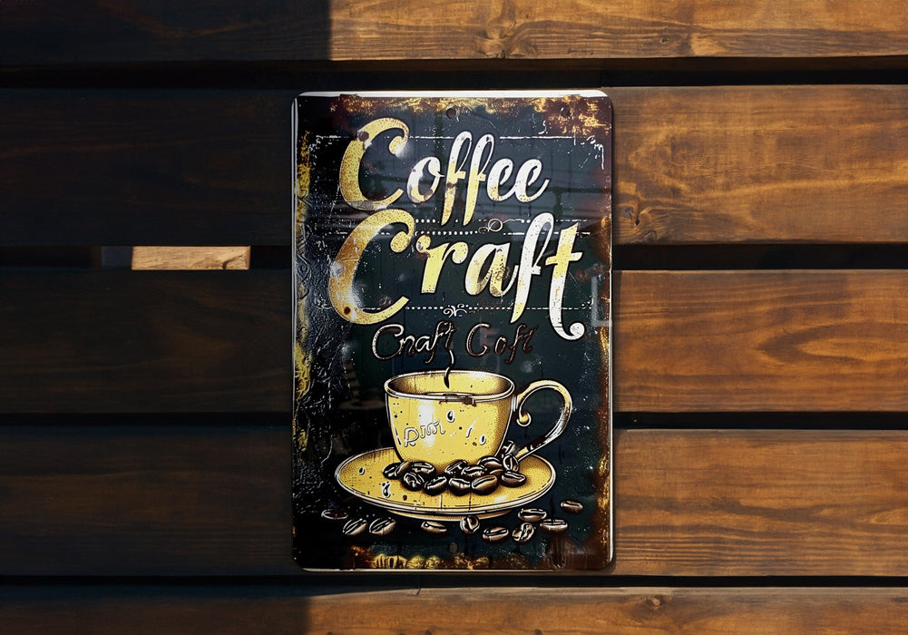 a sign on a wooden wall that says coffee craft