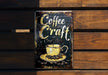 a sign on a wooden wall that says coffee craft