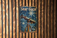 a poster of a telescope on a wooden wall