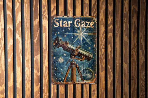 a poster of a telescope on a wooden wall
