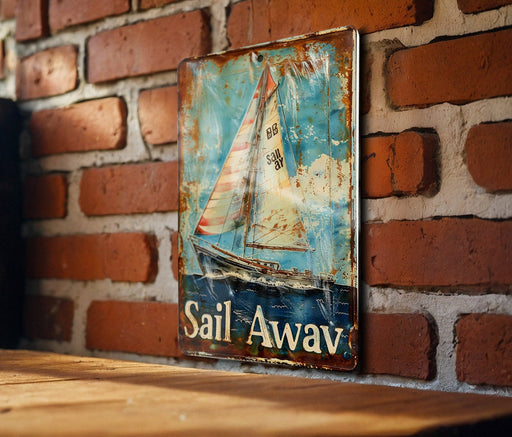 a picture of a sail away on a brick wall