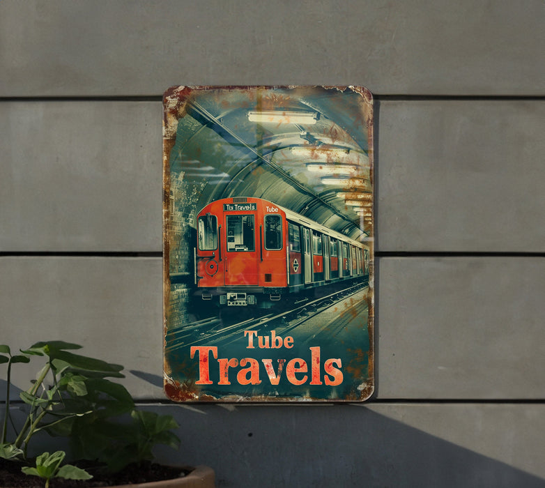 a sign on the side of a building that says tube travels