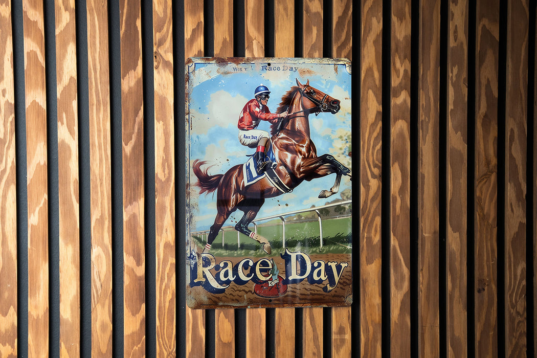 a vintage race day sign hangs on a wooden wall