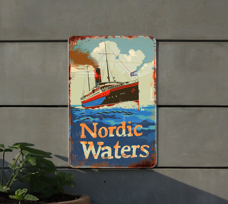 a sign on the side of a building that says nordic waters