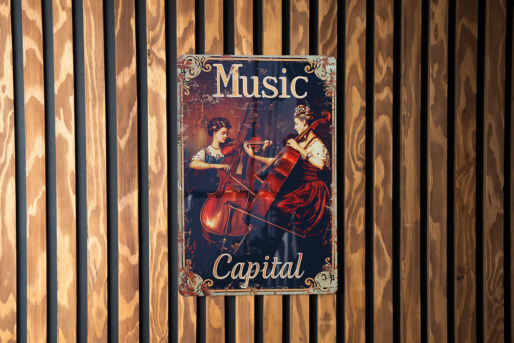 a poster on a wooden wall that says music capital