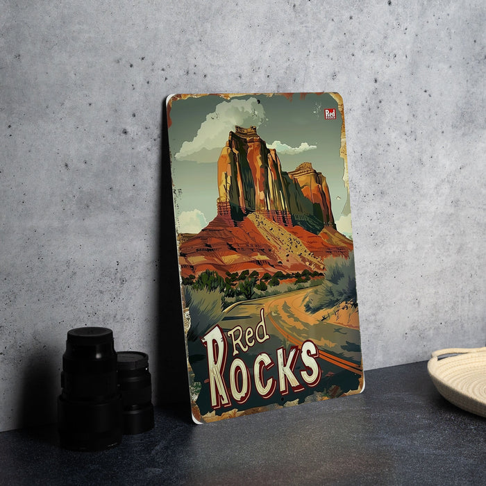 a red rocks sign sitting on top of a table