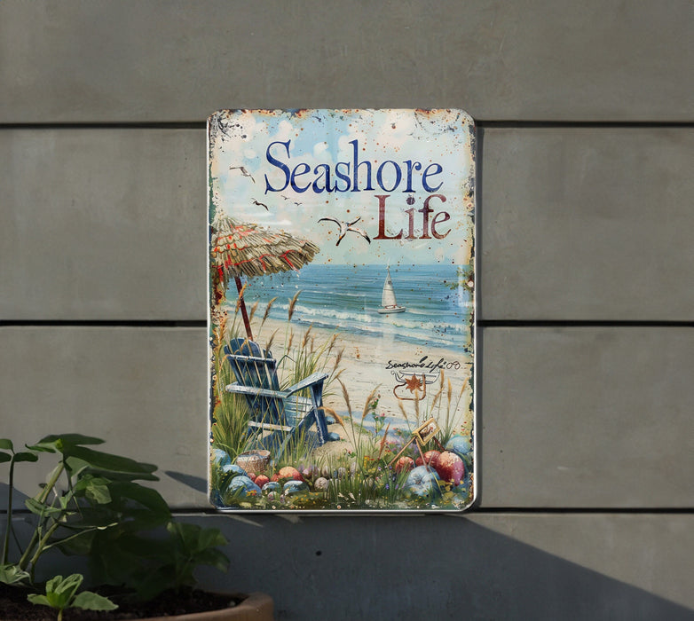 a sign on the side of a building that says seashore life