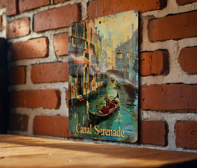 a picture of a canal on a brick wall