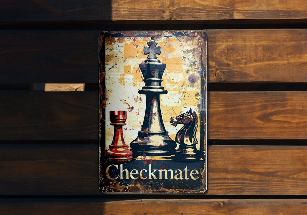 a metal sign with a picture of a chess game on it