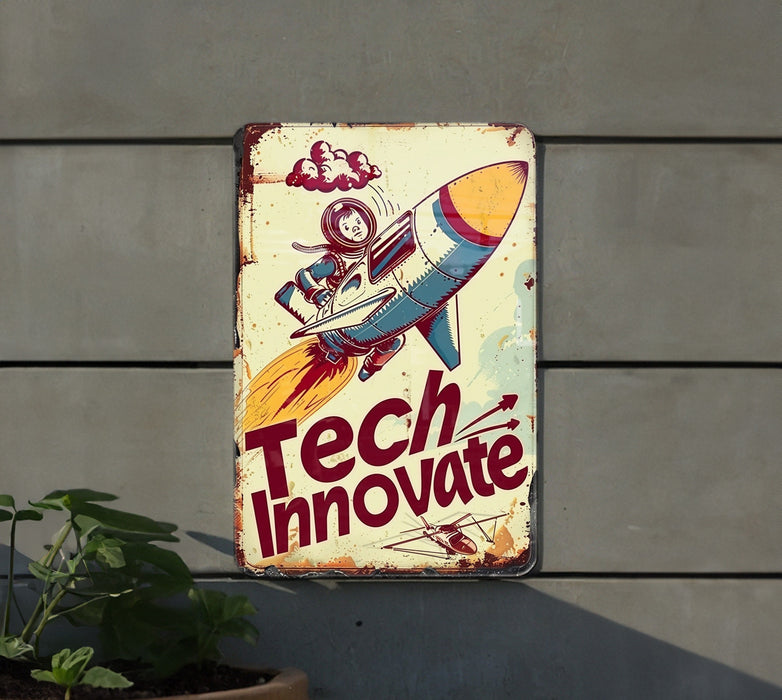 a sign that says tech innovate on it