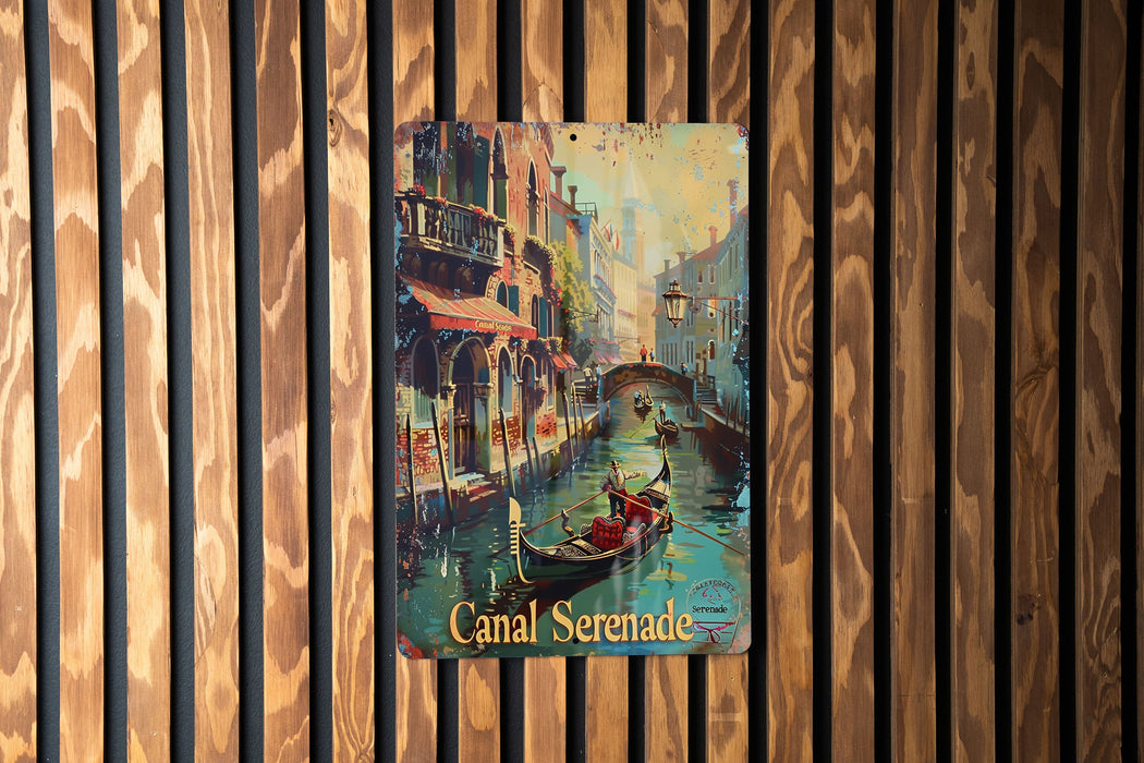 a painting of a canal scene on a wooden wall
