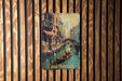a painting of a canal scene on a wooden wall