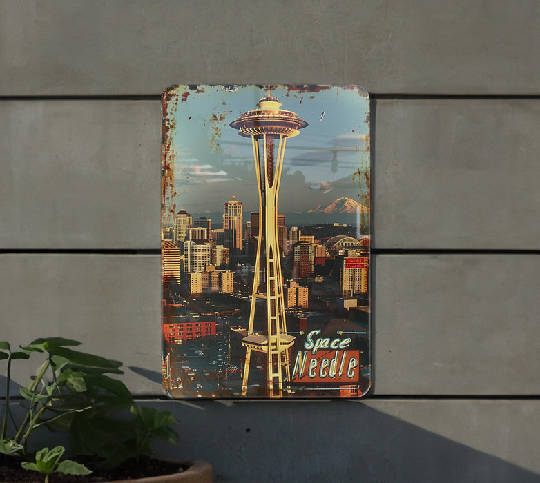 a metal sign with a picture of space needle on it