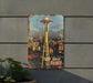 a metal sign with a picture of space needle on it