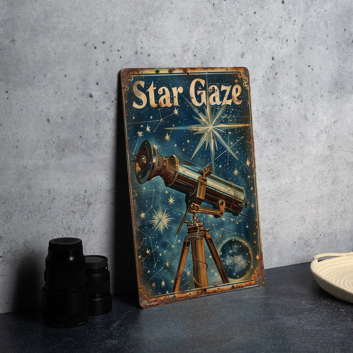 a metal sign with a picture of a telescope on it