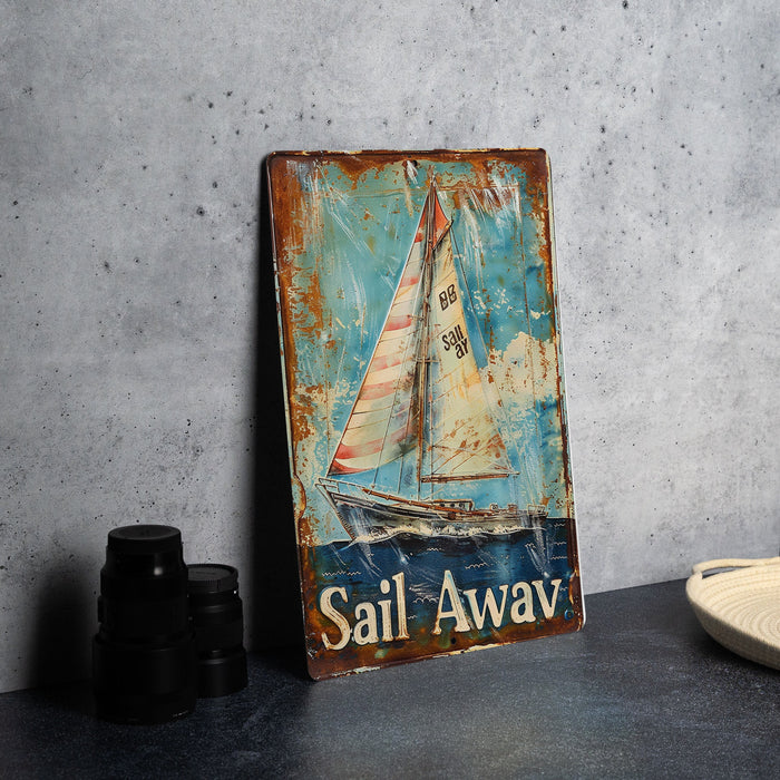 a sail away sign sitting on top of a table