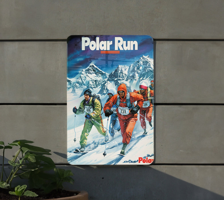a poster of a group of people skiing down a mountain
