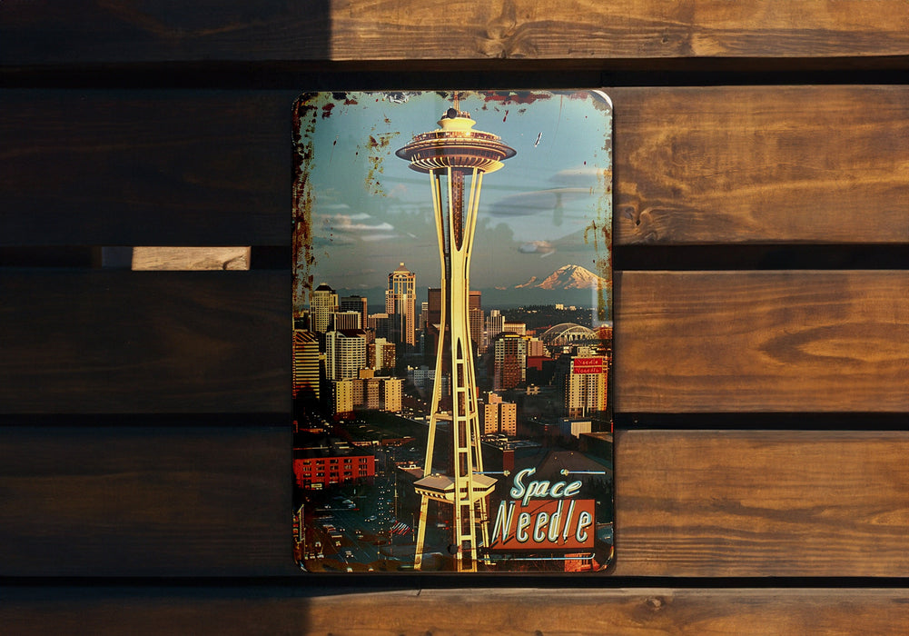 a picture of the space needle on a wooden bench